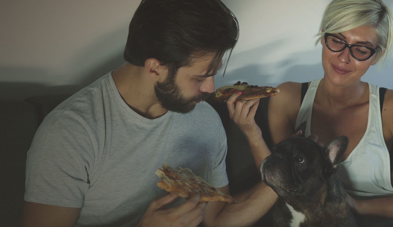 One lovely couple have dinner with their pet. For dinner they choose pizza and both are holding pizza slice in hand and eating it. Between them is their dog who’s they cuddle. They are talking between two bites and watching TV. Everybody are sitting on grey sofa in living room dressed comfortable for relaxing and enjoying in free time. Dog is French bulldog.